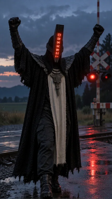 Cybrpnk Masked Humanoid, Full Length, Eye-level, Arms Raised...