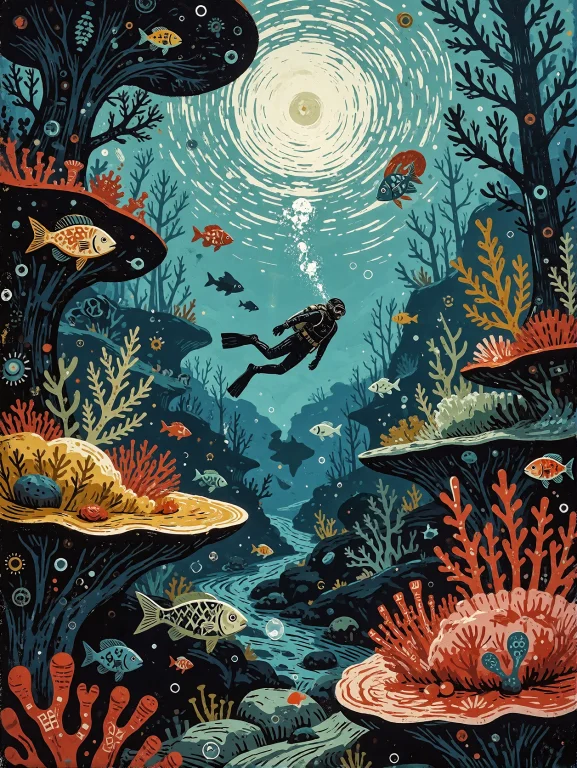 Modern Folk Art Underwater Illustration, Linocut Woodblock P...
