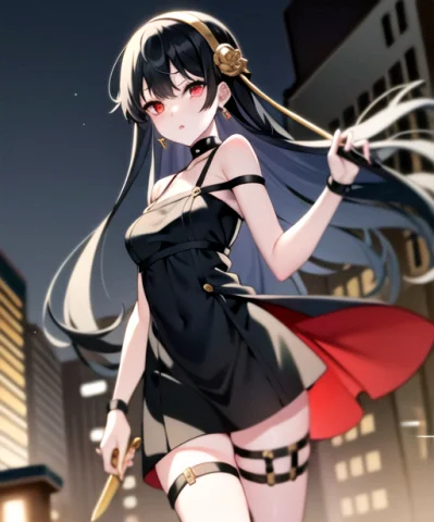 Knifethighstrap1.2 Dress Loraknifethighstrapv11, Lorayorbria... — Stable Diffusion AI Prompt: (knife_thigh_strap:1.2) dress , , yor briar,earrings, gold earrings, gold hairba...