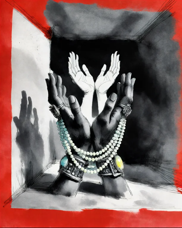 A Pair Of Dark Hands Lifted Upward Adorned With Overlapping...