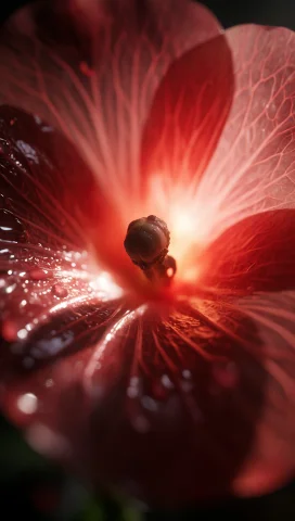 A Photorealistic Close-up Shot From Within A Translucent, Gl... — Stable Diffusion AI Prompt: A photorealistic close-up shot from within a translucent, glossy red flower peta...