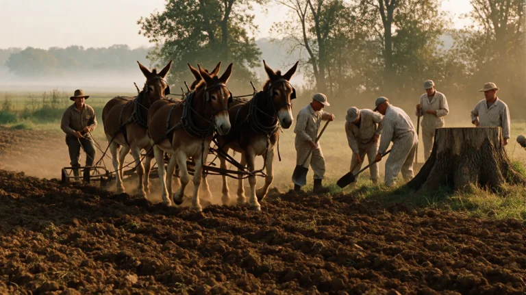 Grnml1999, A Farmer Rides A Plow Pulled By Four Mules Across...
