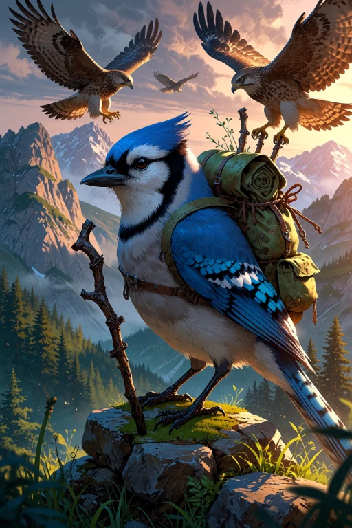 , A Bluejay Bird With A Weathered Backpack And Gnarled Walki...
