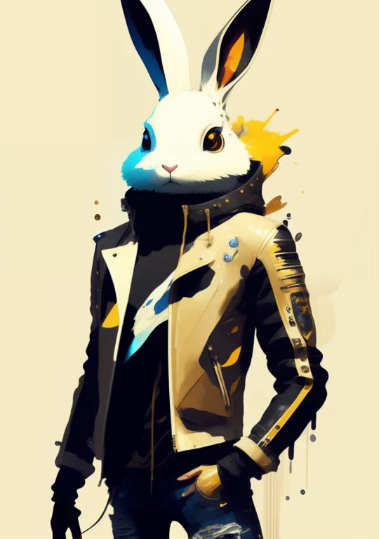 Cartoon White Humanoid Rabbit With Large White Eyes Leather...