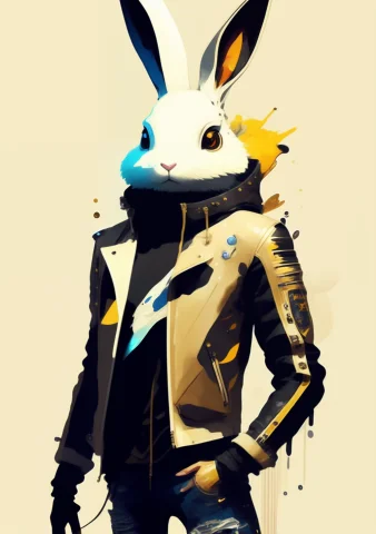 Cartoon White Humanoid Rabbit With Large White Eyes Leather... — Stable Diffusion AI Prompt: Cartoon white Humanoid Rabbit with large white eyes leather jacket, ripped skinn...