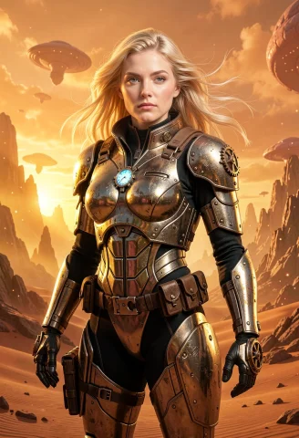 Space Ranger Woman, Blonde, Photorealistic, Alien Desert Pla... — FLUX AI Prompt: (((space ranger woman))), blonde, photorealistic, alien desert planet, orange at...