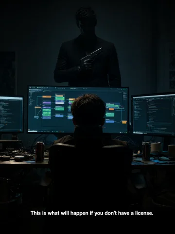 Cinematic Wide Photo, Low-key Lighting. Back View Of A Tired... — Stable Diffusion AI Prompt: Cinematic wide photo, low-key lighting. Back view of a tired programmer sitting...