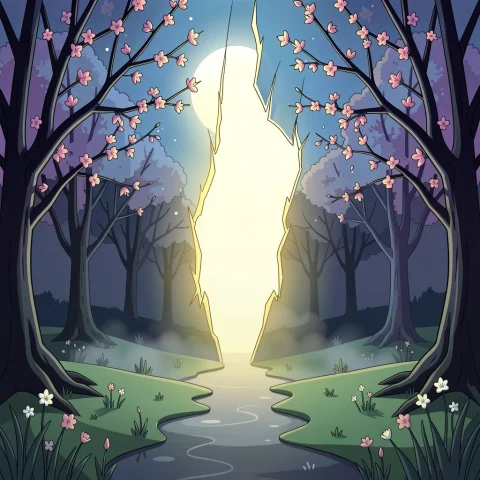 A Portal Of Light Torn Between Two Worlds, Flat Color Illust... — Stable Diffusion AI Prompt: a portal of light torn between two worlds, flat color illustration, moonlight, m...
