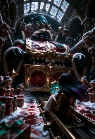 A Vaulted Winter Treasury Is Built From Stacked Gingerbread... — Stable Diffusion AI Prompt: A vaulted winter treasury is built from stacked gingerbread arches, sugar-glass...