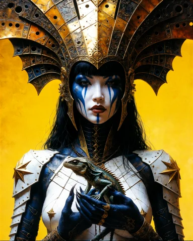 Arsmjstyle Etherial Gothic A Blue-skinned Figure Stands Agai... — Stable Diffusion AI Prompt: / ArsMJStyle/ Etherial Gothic// A blue-skinned figure stands against a solid yel...