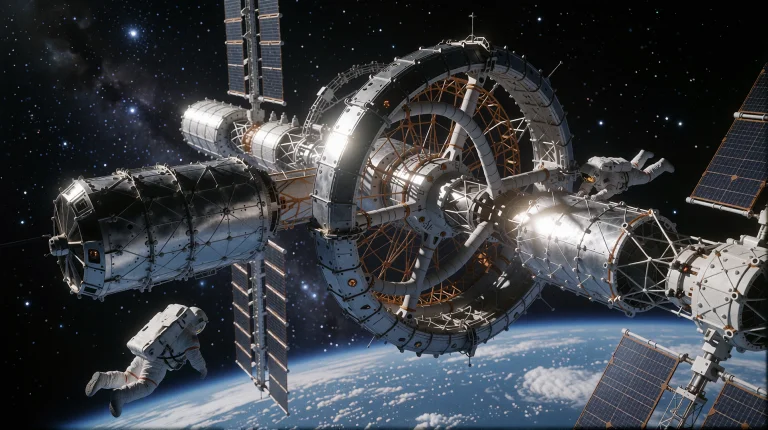A Futuristic Space Station Orbits Earth Against A Deep Blue...