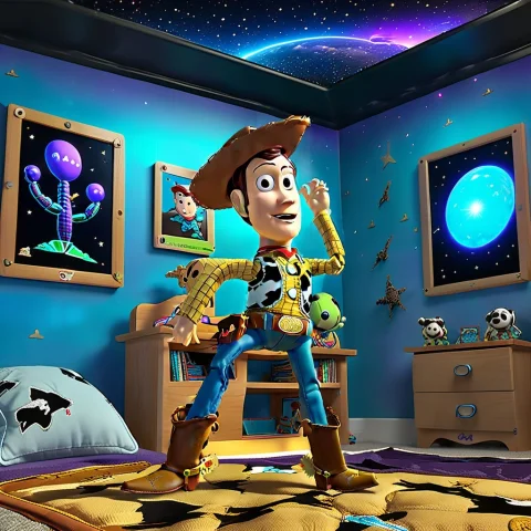 Woody1024, Woody From Toy Story Sittin Outside A Spaceship,... — SDXL AI Prompt: Woody1024, Woody from Toy Story sittin outside a spaceship, a purple filter over...