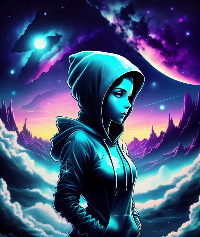 A Woman Looking At The Camera, Nebula Sky Moon In The Backgr...