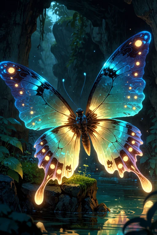 , A Glowing Butterfly Illuminating A Dark Cave With Biolumin...