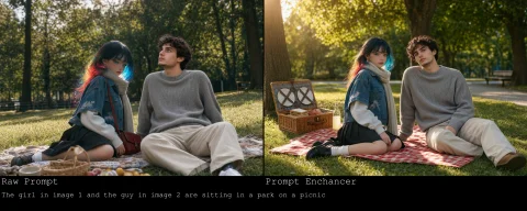 The Girl In Image 1 And The Guy In Image 2 Are Sitting In A... — Stable Diffusion AI Prompt: The girl in image 1 and the guy in image 2 are sitting in a park on a picnic