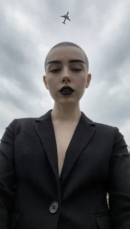 A Low-angle Shot Captures A Woman With A Shaved Head, Her Fa...