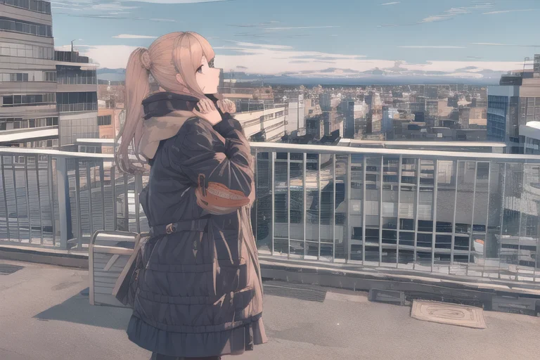 1girl, Cityscape, Scenery, Rooftop, Outdoors, Standing, Suns...