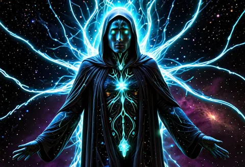 Lorabiolumensuniverse0.7 Loradetailtweakerxl0.35 A Humanoid... — SDXL AI Prompt: a humanoid figure wrapped in a flowing cloak made of stardust, skin faintly gl...