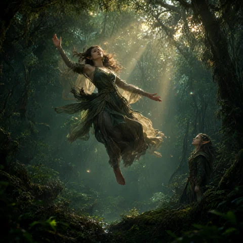 A Hyperdetailed, Cinematic Shot Of A Woman In The Deep Fores... — Stable Diffusion AI Prompt: A hyperdetailed, cinematic shot of a woman in the deep forest, mid-fall or momen...
