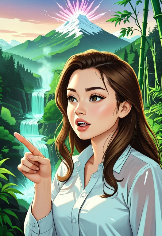 Woman Upper Body, Medium Brown Hair, Hand Pointing Up, Think...