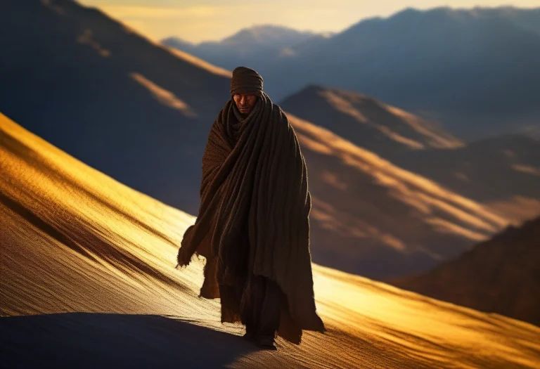 A Nomad Wrapped Against A Mountain Wind, Impasto Texture, Sp...