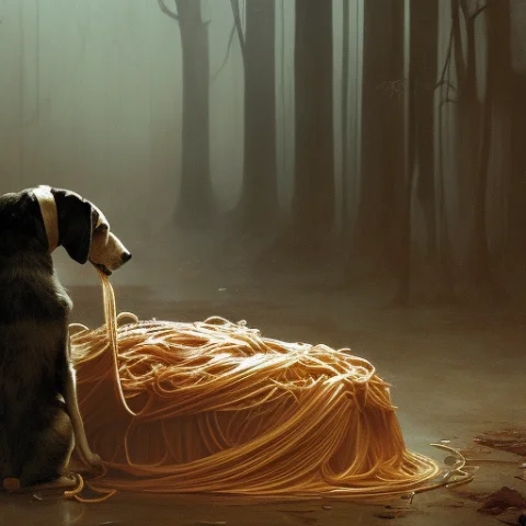 A Dog Eating Spaghetti, Surreal, Polish Horror, Pjablonski-s... — Stable Diffusion AI Prompt: A dog eating spaghetti, surreal, polish horror, pjablonski-style