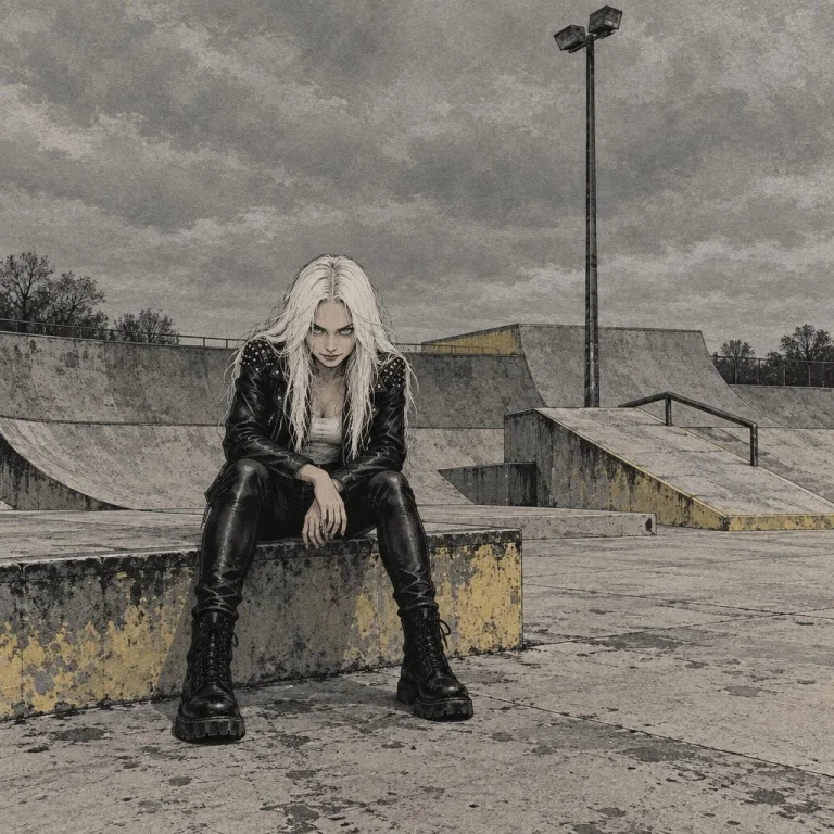 White Haired Woman Sitting On Stone Edge. She Wears Black Le...