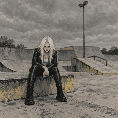 White Haired Woman Sitting On Stone Edge. She Wears Black Le... — Stable Diffusion AI Prompt: White haired woman sitting on stone edge. She wears black leather pants, black l...