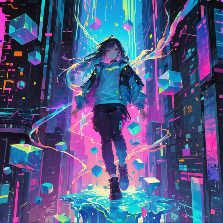 1girl, Solo, Surrealism, Abstract Art, Neon Void, Floating G...