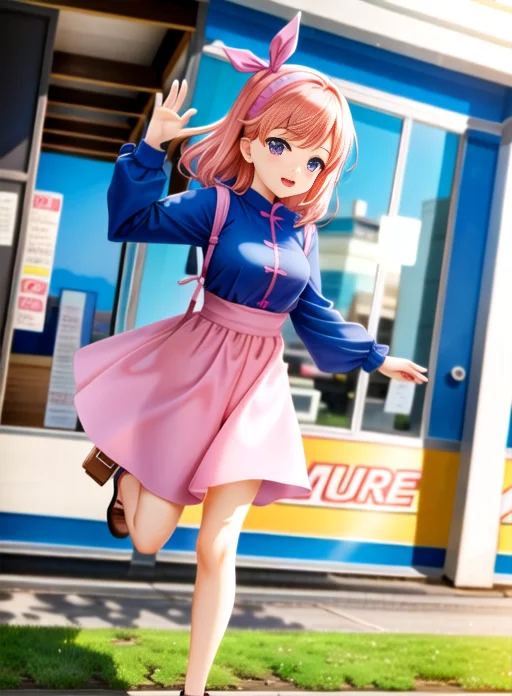 Tiltshiftlens, Anime Woman, Full Body, Blue Shirt, Pink Dres...