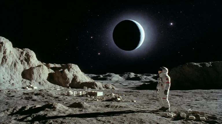Spcssn11975, A Lone Astronaut Stands On A Barren, Cratered L...
