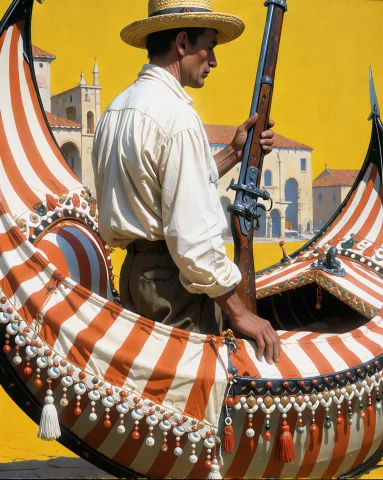 Yfgmooby Style Paint The Gondolier Standing Three-quarter Pr... — Stable Diffusion AI Prompt: / YFGMooby style/ Paint the gondolier standing three-quarter profile against a s...