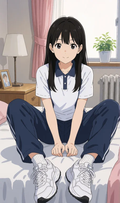 一个动漫女生坐在床上，留着黑色长直发和齐刘海。她穿着校服衬衫...