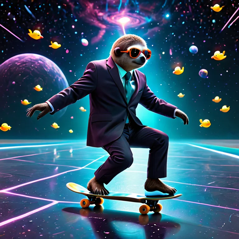 A Sloth In A Suit And Sunglasses Riding A Skateboard, Rubber...