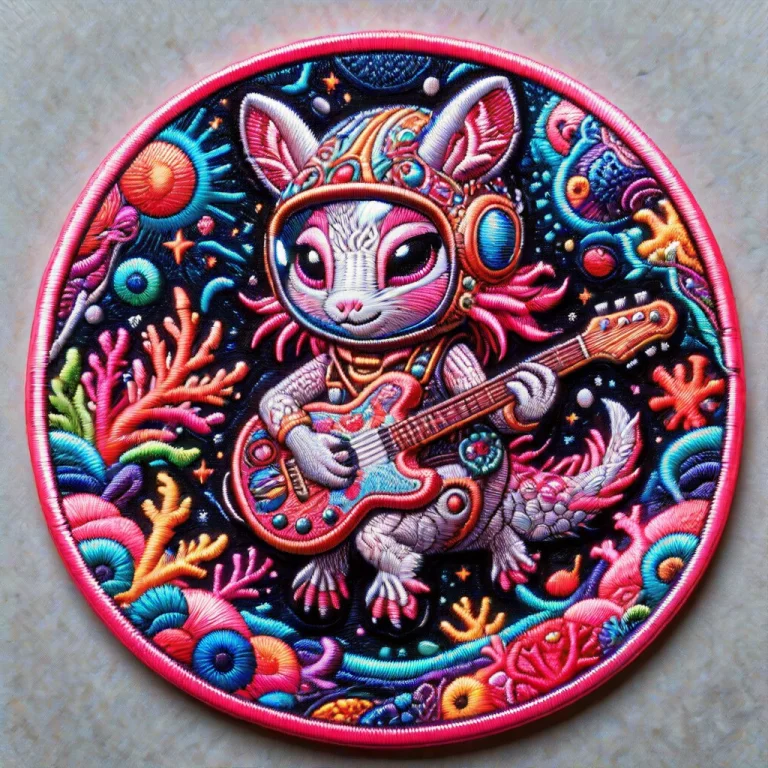 A Vibrant Circular Embroidered Patch Of A Cute Pink Axolotl...