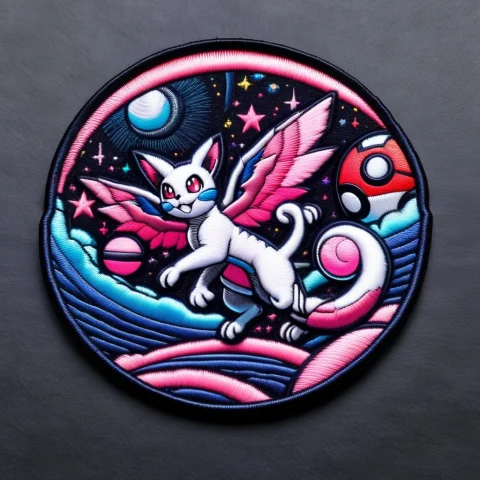 Pokemon Patch, Mew Flying On Night Sky, Big Pokeball In Back... — SDXL AI Prompt: Pokemon Patch, mew flying on night sky, big pokeball in background, vaporwave st...