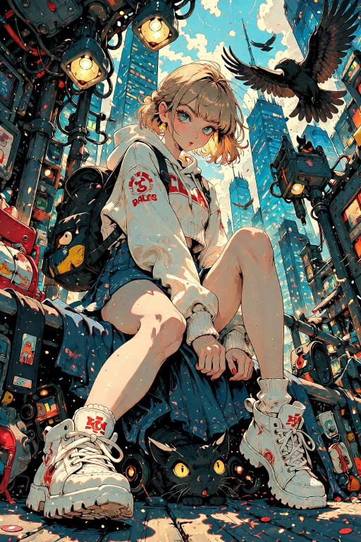 A Girl Sits On A Railing In A Shadowed Alley Alongside Silho...