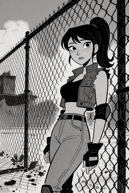 Woman Leaning Against A Chain Link Fence