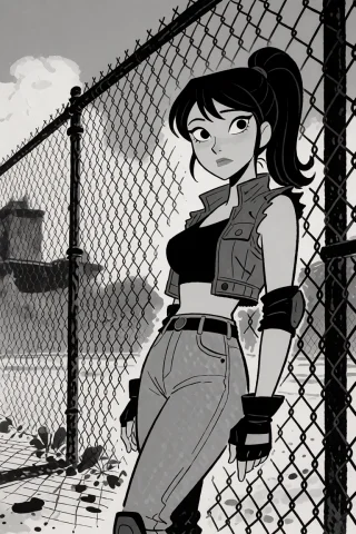 Woman Leaning Against A Chain Link Fence — Stable Diffusion AI Prompt: Woman leaning against a chain link fence
