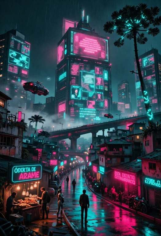 Cyberpunk Dystopian Curitiba At Night, Heavy Rain, Neon Refl...