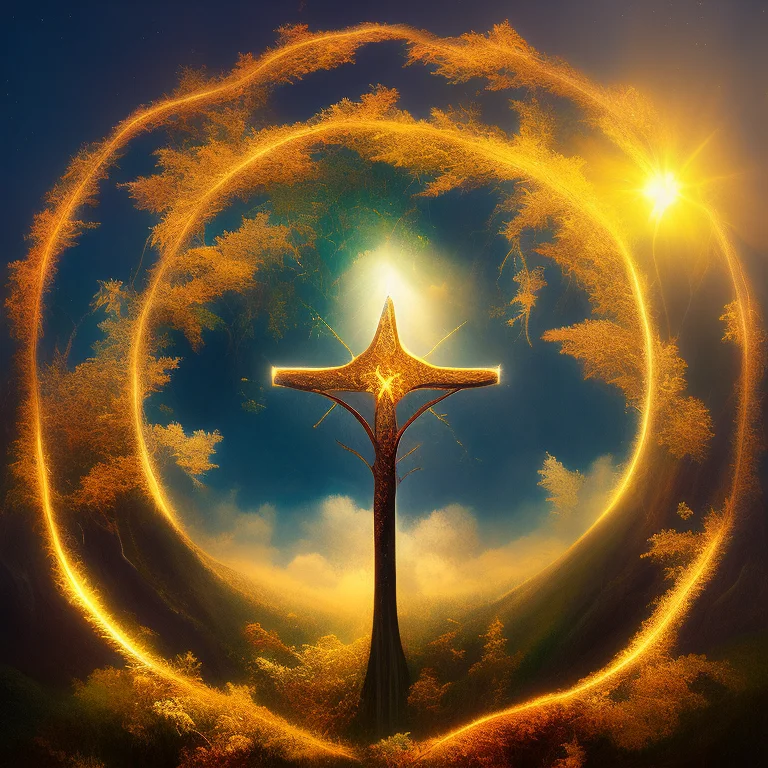 Oldjourney A Tree Made Of Golden Light With A Cross On It, M...