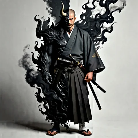 Full-body Portrait Of A Samurai Standing In The Center. The... — Stable Diffusion AI Prompt: Full-body portrait of a samurai standing in the center. The right half of his bo...