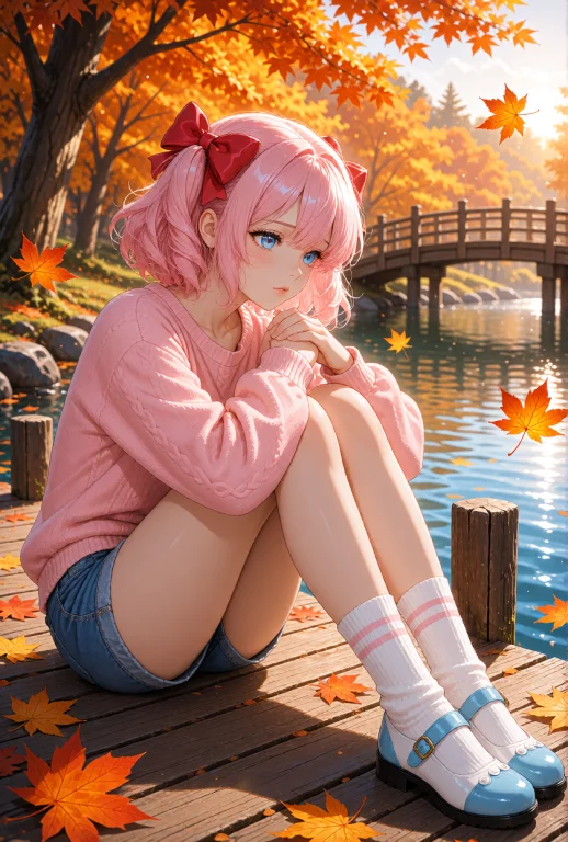 A Young Woman With Short, Wavy Pink Hair And A Large Red Bow...