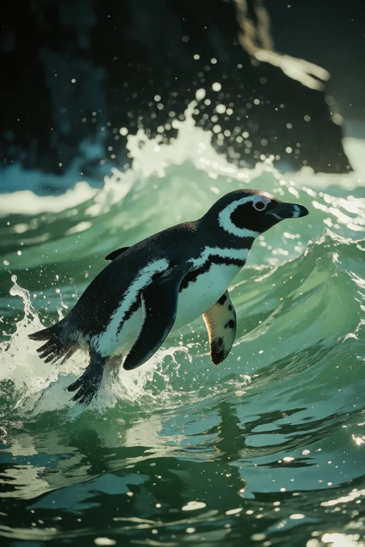 Nature, A Magellanic Penguin Porpoising Through A Green Coas...