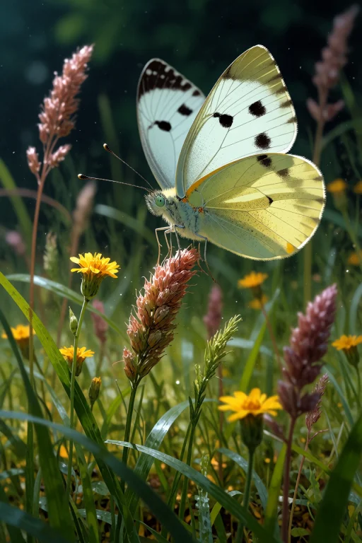 , A Cabbage White Butterfly Floating Over A Field Of Wild Gr...