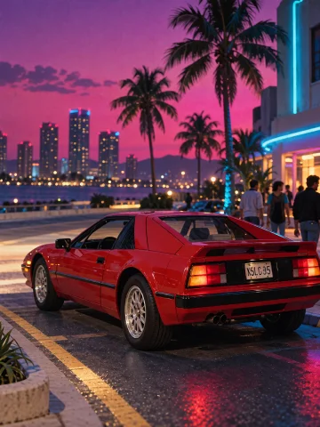 Lorakrea80s1 A Synthwave Album Cover, A Red 1980s Sports Car... — Stable Diffusion AI Prompt: a synthwave album cover, a red 1980s sports car driving along a neon-lit coasta...