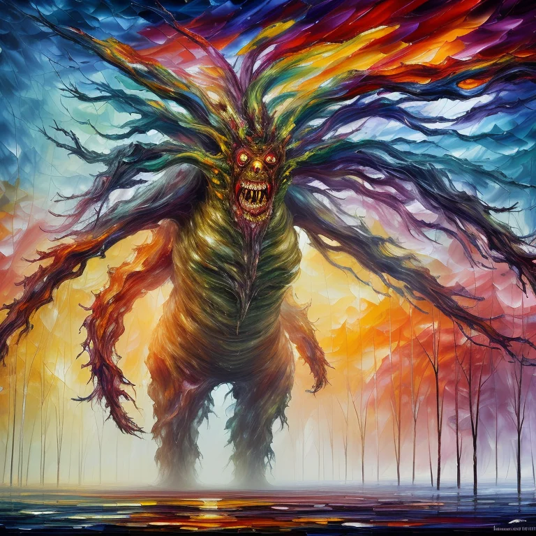 A Huge Female Mutated Horrifying Thing In The Fog, Wide Shot...