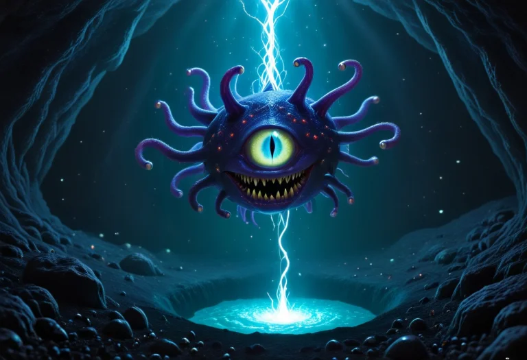 A Bioluminescent Dd Beholder Floating In A Pitch-black Cave,...
