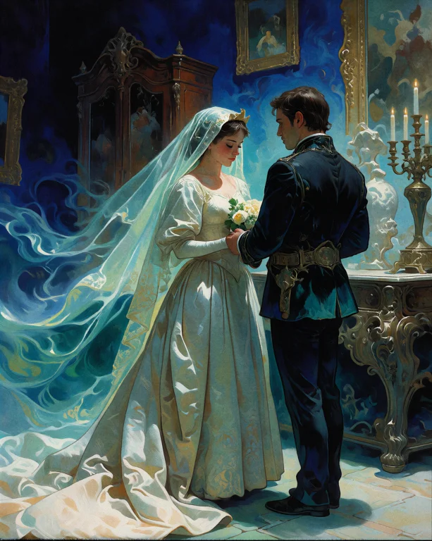 A Bride In A White Gown And Veil Stands Beside A Groom In A...