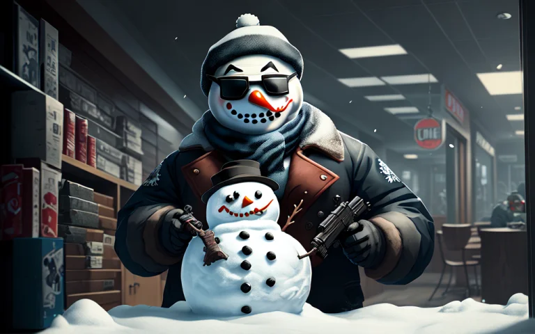 A Snowman Wearing A Payday 2 Mask Robbing A Bank, Indoors, C...